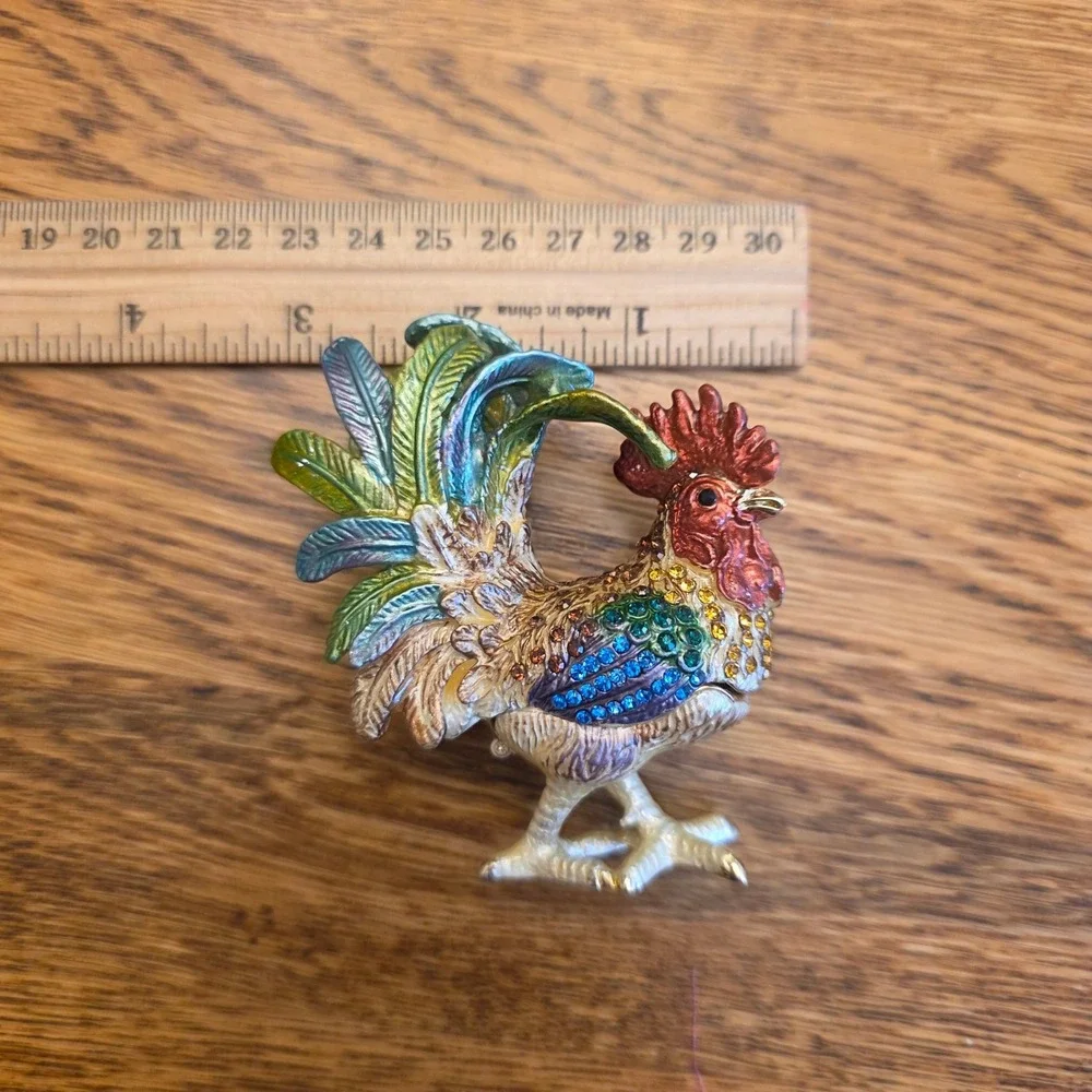 Multicolor Enamel Rooster Trinket Box Rhinestone Bejeweled Hinged Figurine 3in